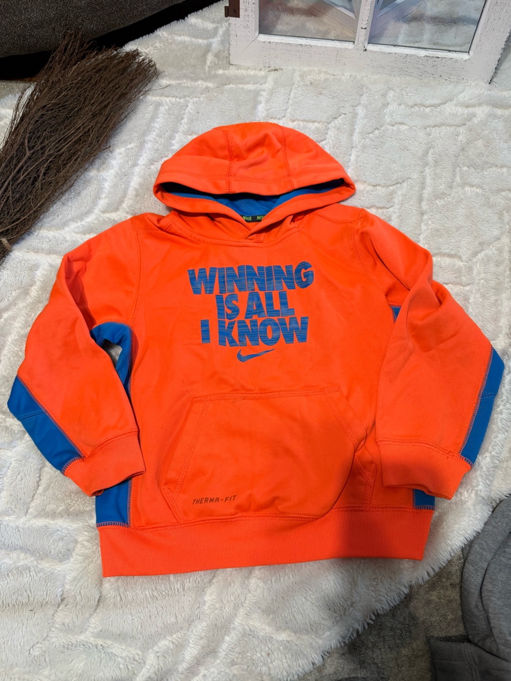 Nike Orange Hoodie with Blue Graphic 'Winning Is All I Know'
